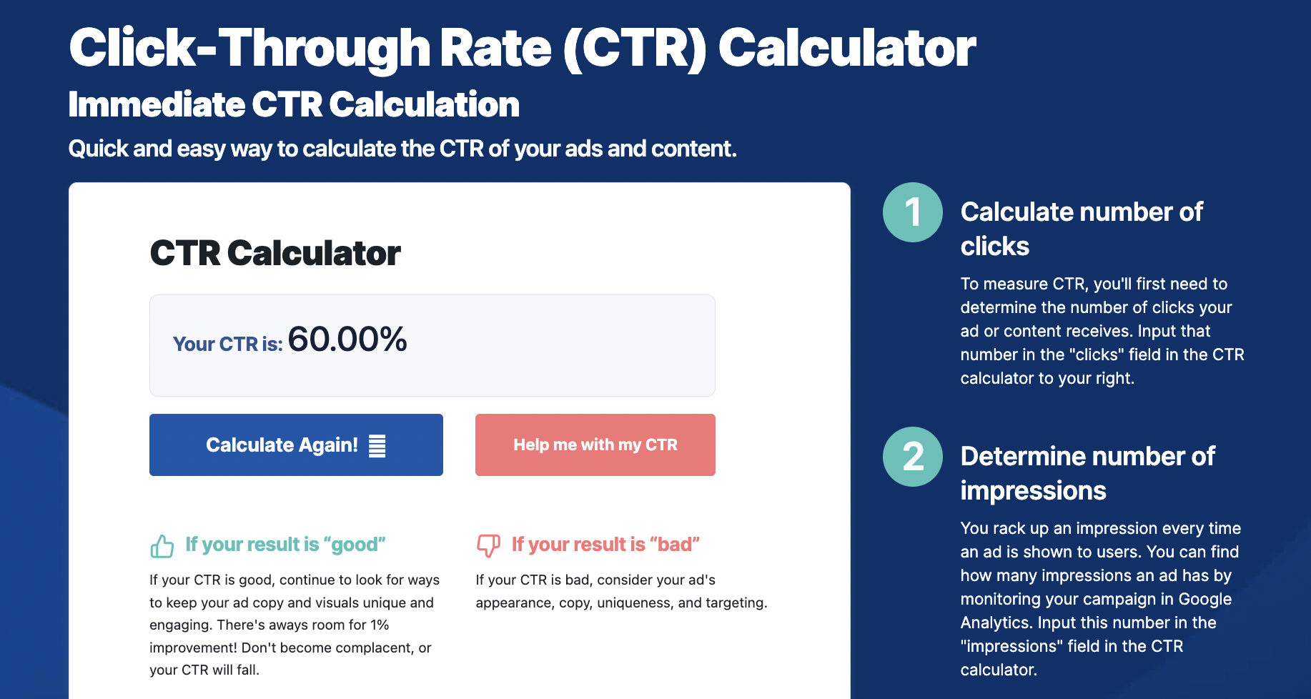 CTR Calculator showing a CTR of 60%