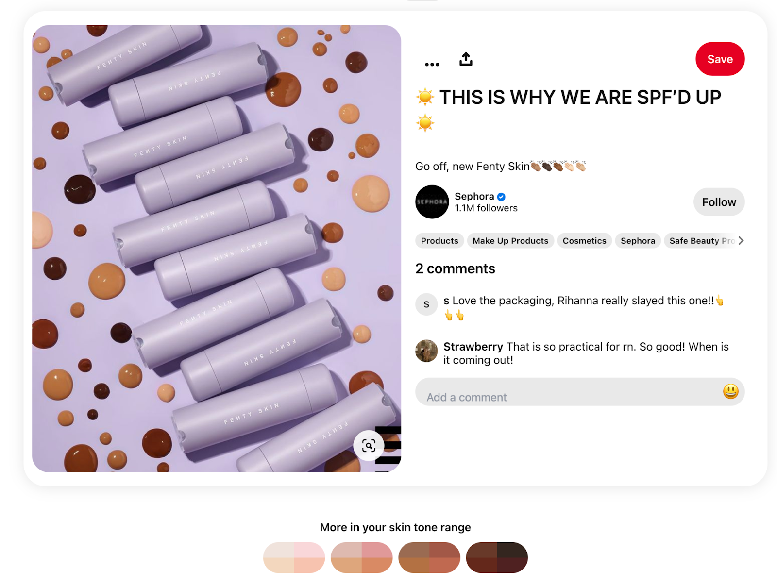 A post on Sephora's Pinterest account promoting Fenty Skin