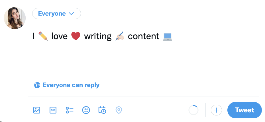 A drafted tweet demonstrating how excessive emoji use can disrupt reading. The sentence reads I pencil emoji love heart emoji writing hand holding pencil emoji content computer emoji