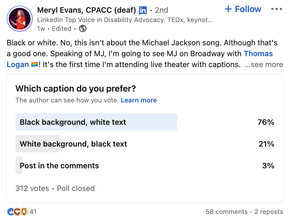A LinkedIn poll asking the audience about their preferred caption styles: white text on black background, black text on white background, or a post in comments. 76% of respondents favored black background with white text.