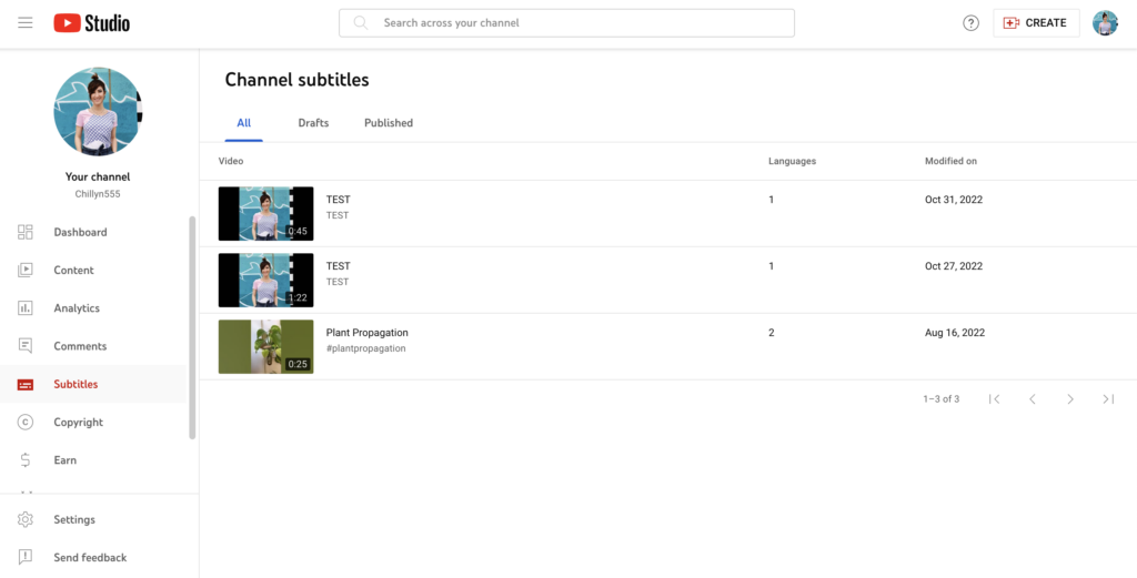 The YouTube Studio interface highlighting the Subtitles option on the left sidebar.