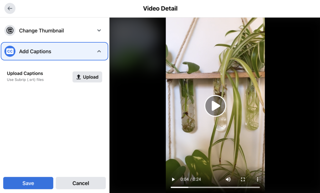 Facebook's post upload window illustrating the option to Add Captions under the interface for uploading captions.