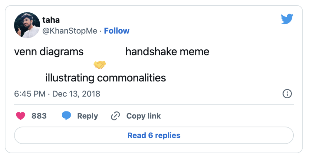 A tweet from a user named Khan Stop Me with text displaying: Venn diagrams, handshake emoji, handshake meme in one line. Under the handshake emoji appears text elucidating shared traits.