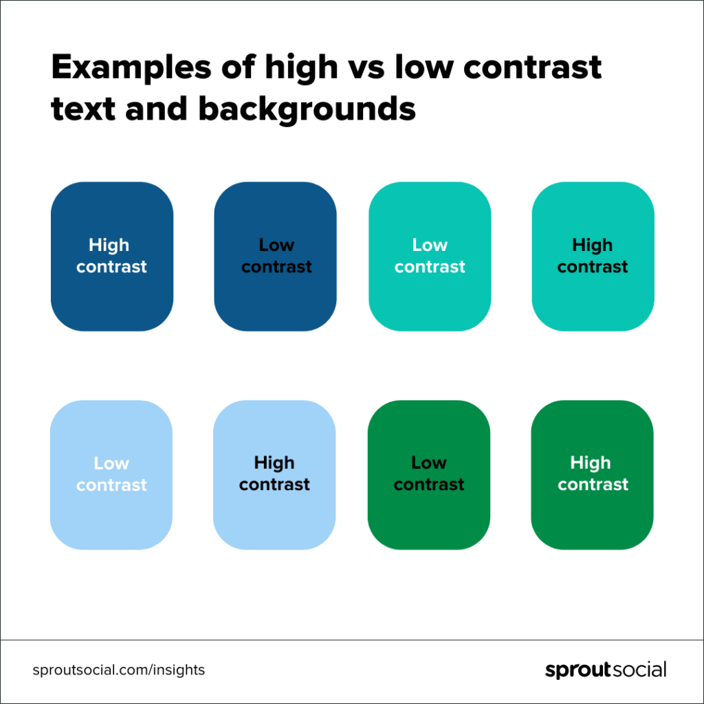 A sequence of squares in various hues demonstrating that light text against dark backgrounds or dark text against light backgrounds can yield a greater contrast, ensuring a more accessible reading experience for graphics.