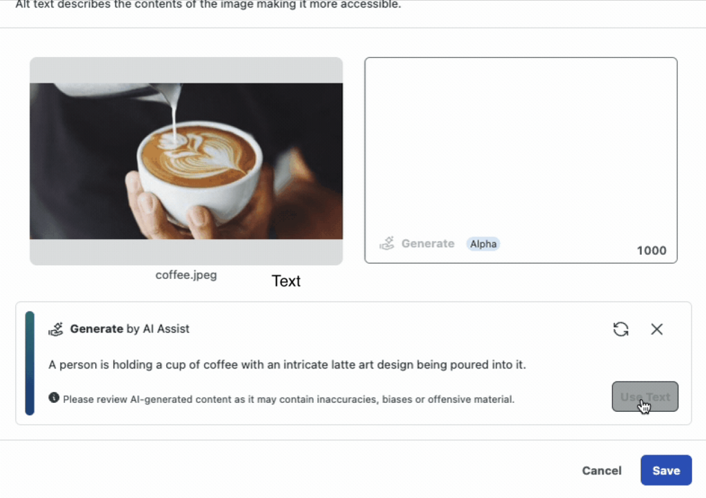 A coffee mug image being uploaded to Sprout Social's publishing interface, with fields for alt text visible in the image.