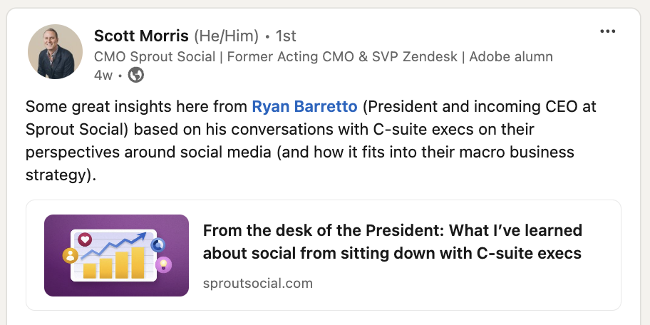 An employee advocacy post from Sprout CMP Scott Morris promoting an article from Sprout President and CEO, Ryan Barretto.