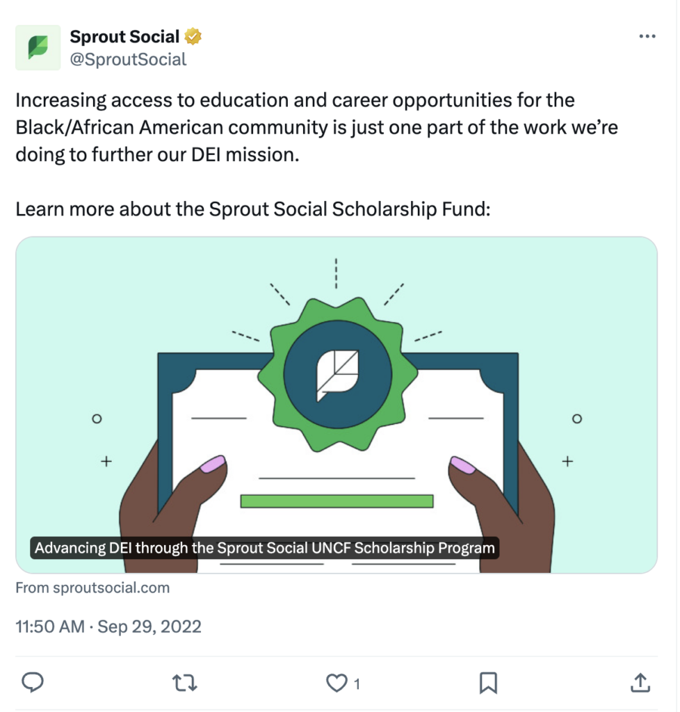 An X post about Sprout Social's Scholarship Fund announcing efforts to improve access to education and career opportunities for the Black/African American community as part of our DEI mission.