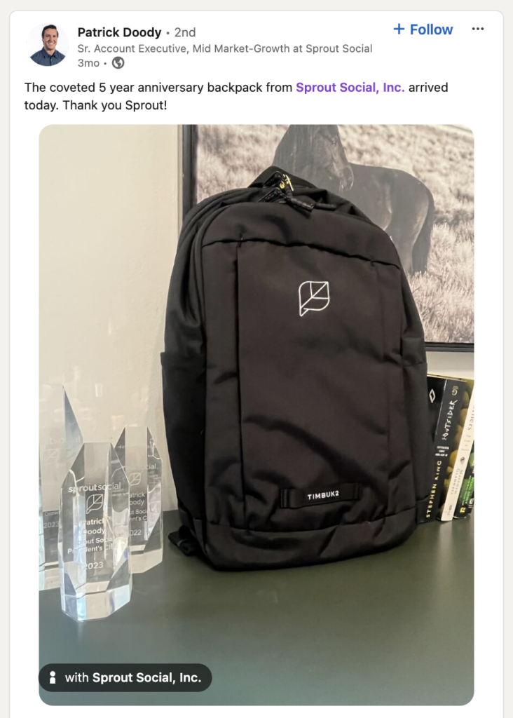 An employee advocacy post celebrating a work anniversary by a Sprout employee, representing an example of evergreen advocacy content.