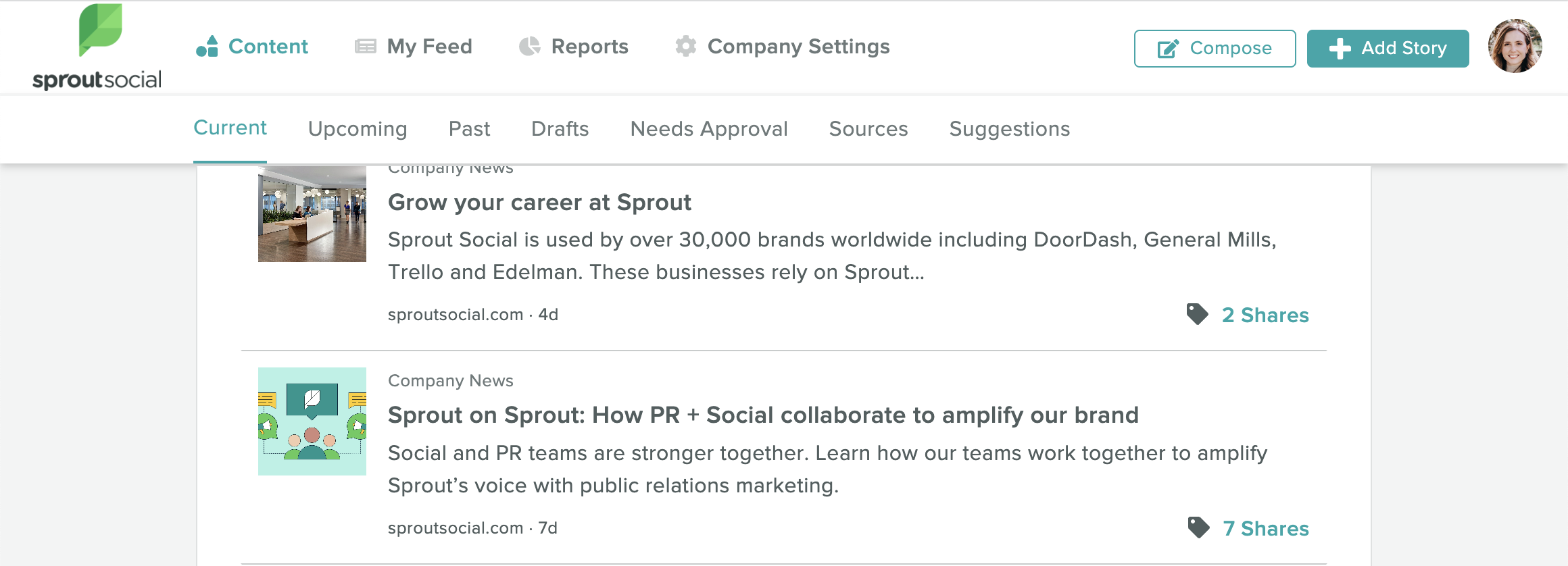 Sprout's Employee Advocacy platform showcasing the 'Add Story' button in the upper right corner of the image.