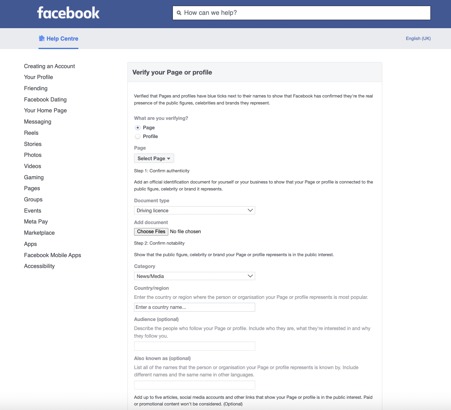 Facebook verification form displaying various steps required to complete your verification request