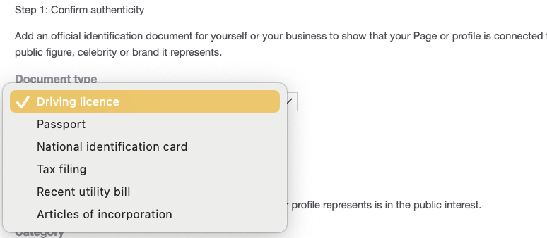 Section of Facebook Page verification form for confirming authenticity with a drop-down menu for selecting different document types