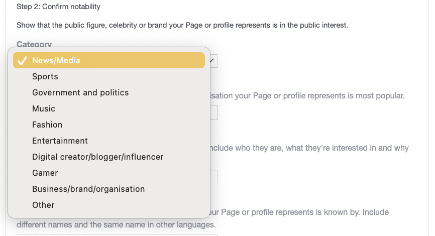 Part of Facebook Page verification form for confirming notability showing a drop-down menu with different categories