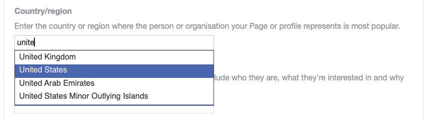Section of Facebook Page verification form to select region or country with pre-filled options appearing when typing 'unite'