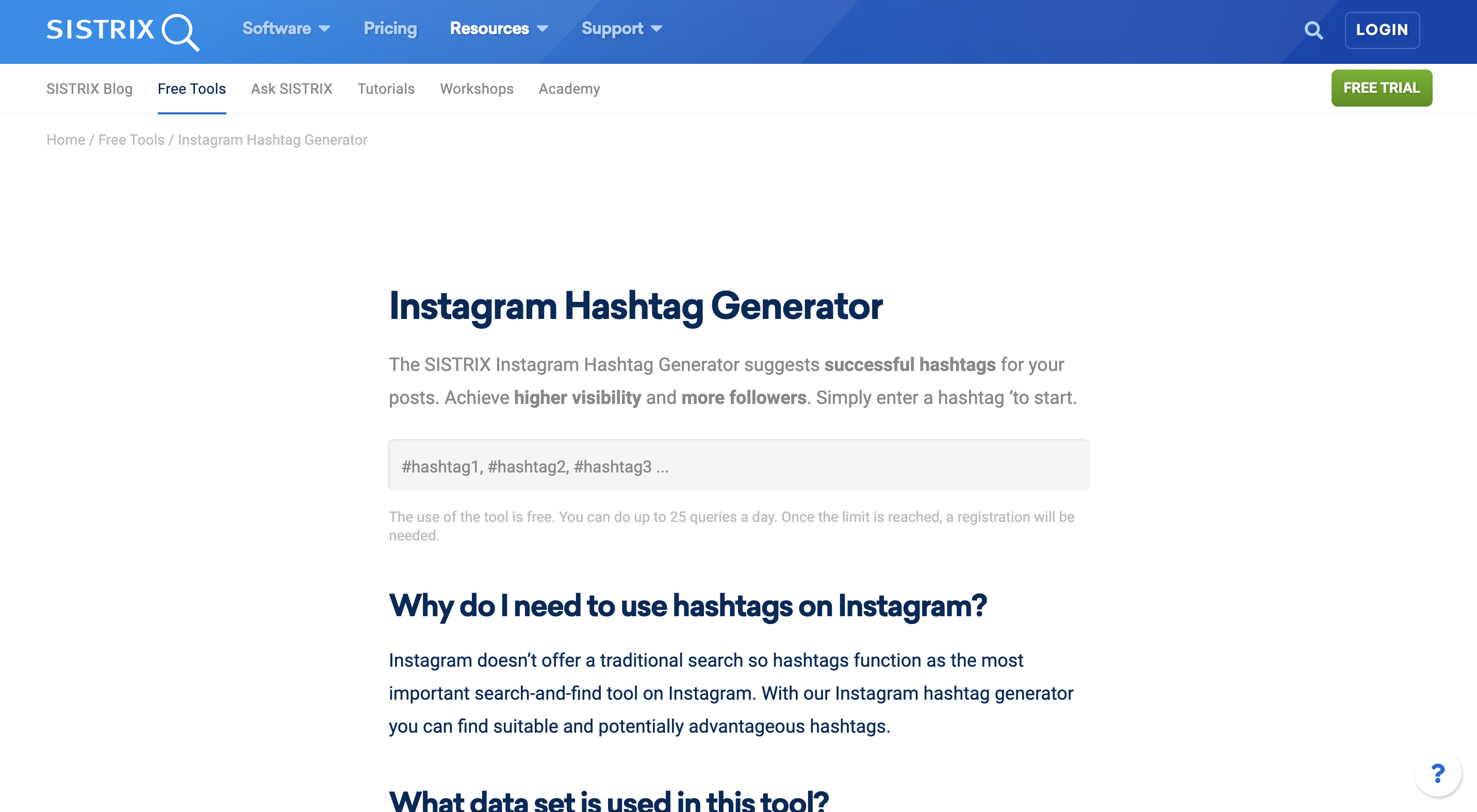 A screenshot of the Sistrix Instagram hashtag generator