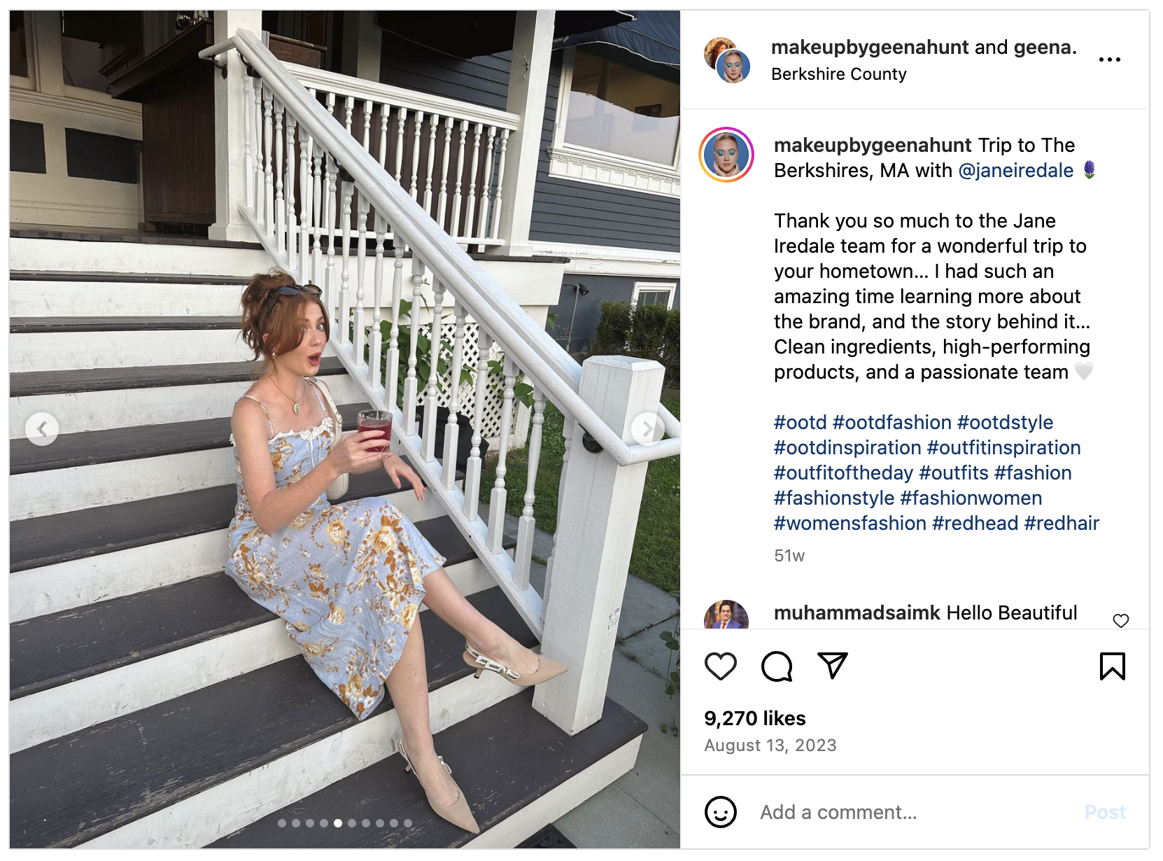 An Instagram carousel from Geena Hunt, a makeup influencer, seated on the steps of an inn during Jane Iredale's brand trip to Massachusetts.