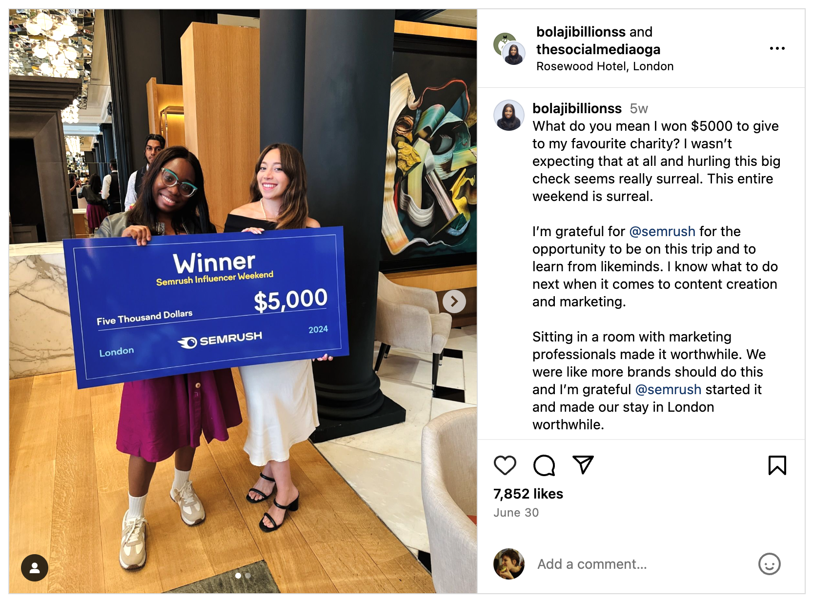 An Instagram post from lifestyle creator Omobolaji Ajibare, during Semrush's London brand trip. She stands with the trip's organizer, holding a large check for winning a contest.