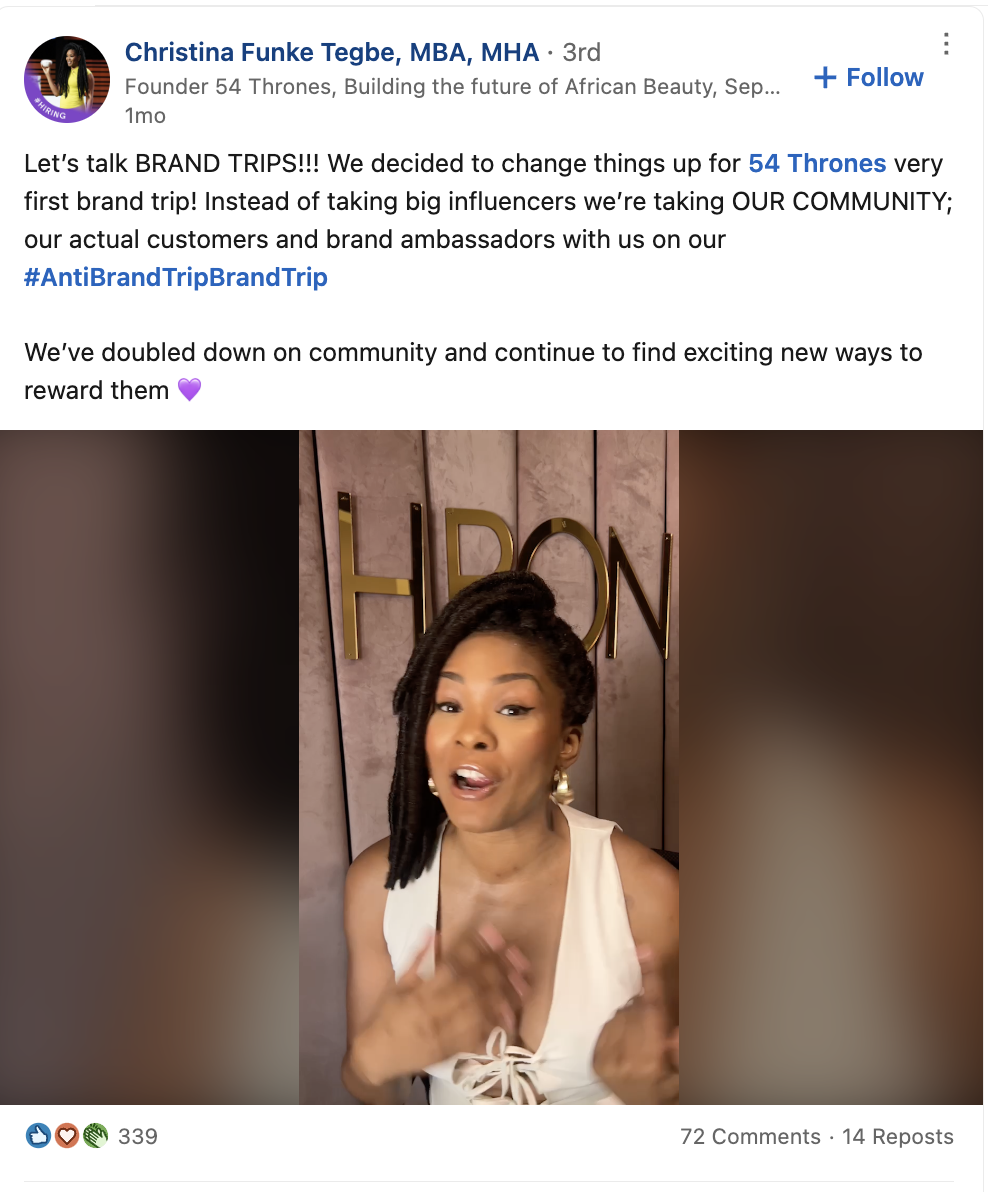 A LinkedIn video post from Christina Funke Tegbe, announcing their community brand trip.