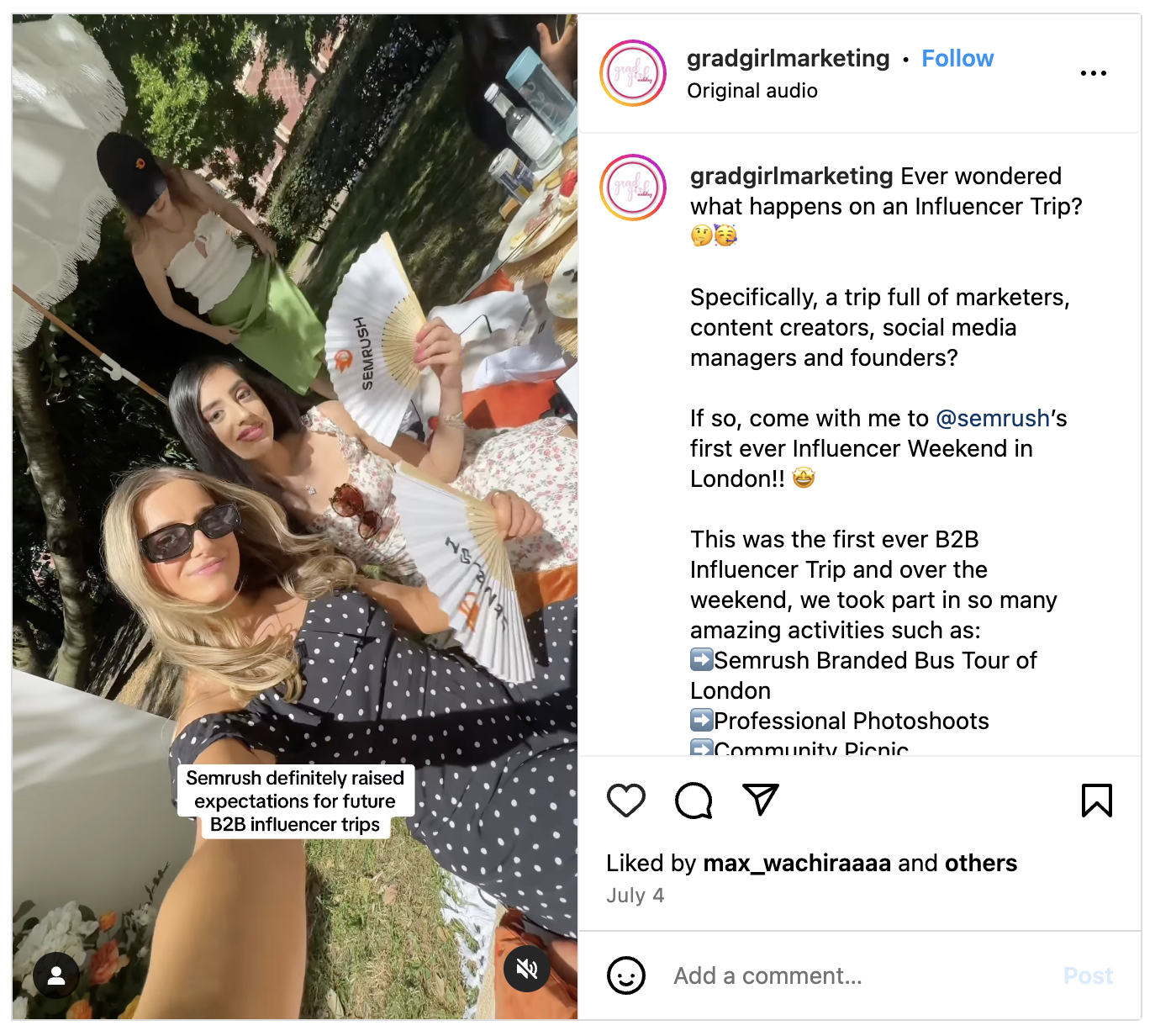 An Instagram Reel from @GradGirlMarketing, showcasing the picnic Semrush organized as part of its London influencer brand trip.