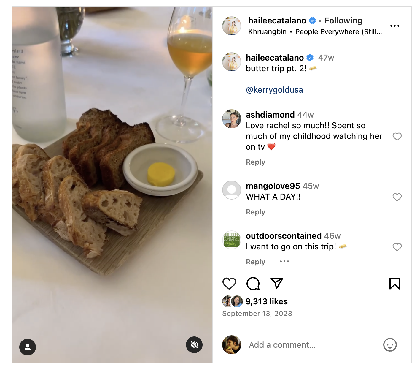 An Instagram Reel from food creator Hailee Catalano, featuring a plate of bread and butter during Kerrygold's influencer brand trip in Dublin.