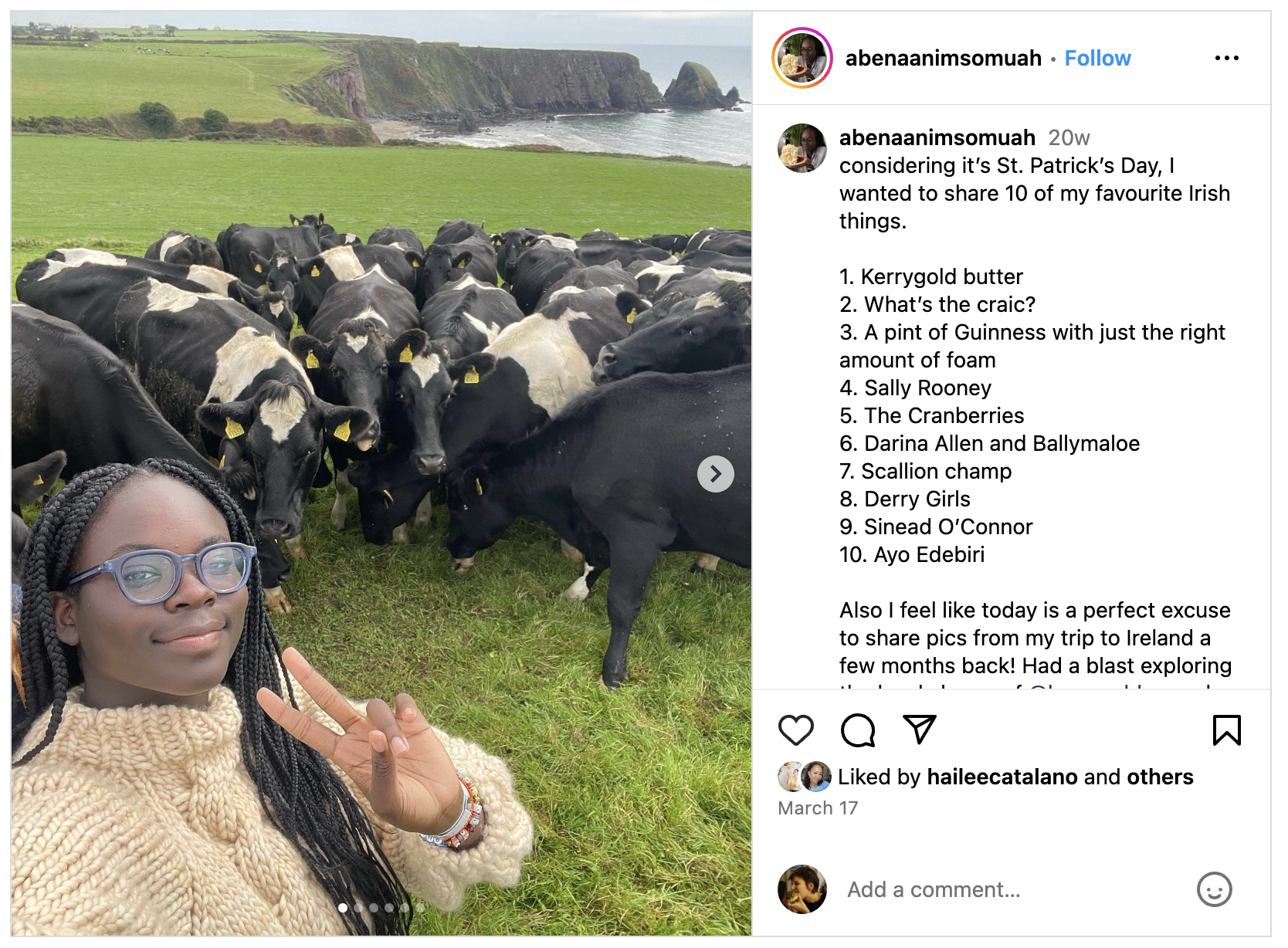 An Instagram post from Abena Anim-Somuah, showcasing her making a peace sign while standing in front of a group of cows during Kerrygold's brand trip to Ireland.