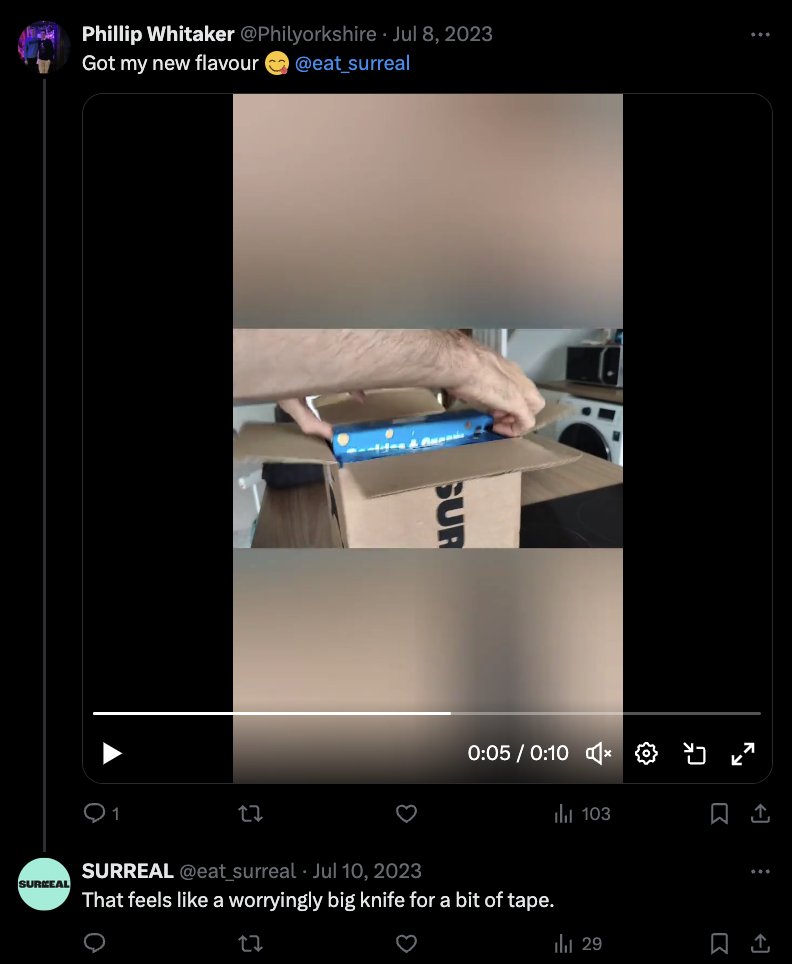 Customer has been sent a free box of cereal from Surreal. The post contains a video of them opening it. 