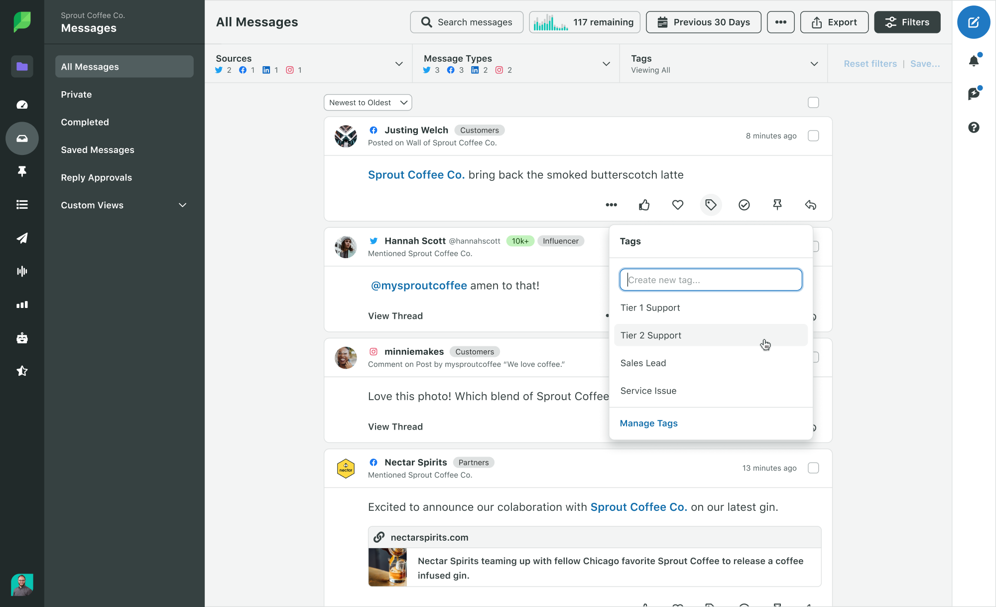 A preview of Sprout's Smart Inbox showing inbound messages across social networks. An overlay for tier support tagging options.
