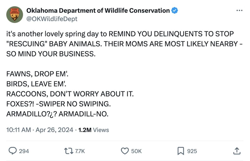 An X post featuring content from the Oklahoma Department of Wildlife.