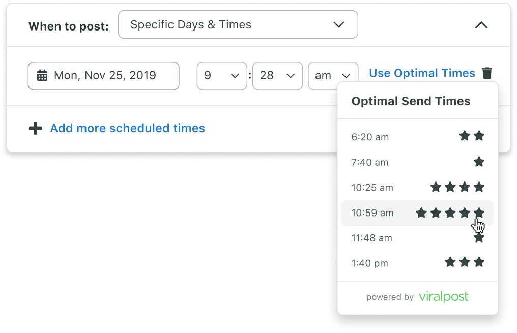 Sprout's Optimal Send Times tool, which advises on the best times to post depending on your audience's historical engagement patterns.