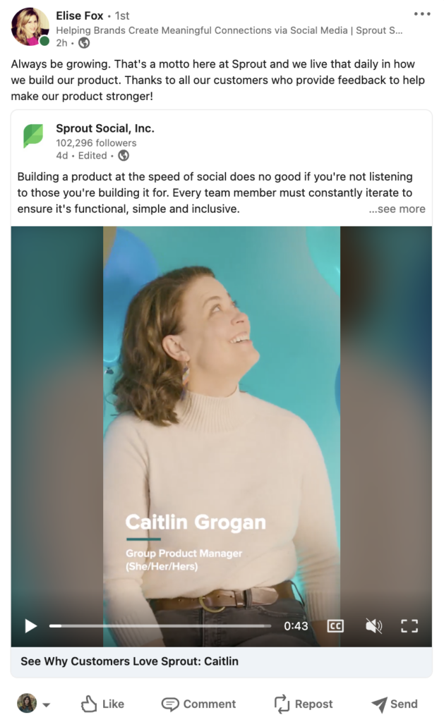 A LinkedIn post from a Sprout Social employee boosting content from the company's page. 
