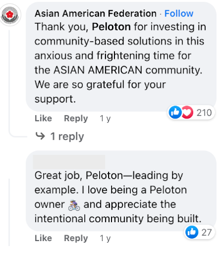 Comment on Peloton's Facebook page from the Asian American Federation