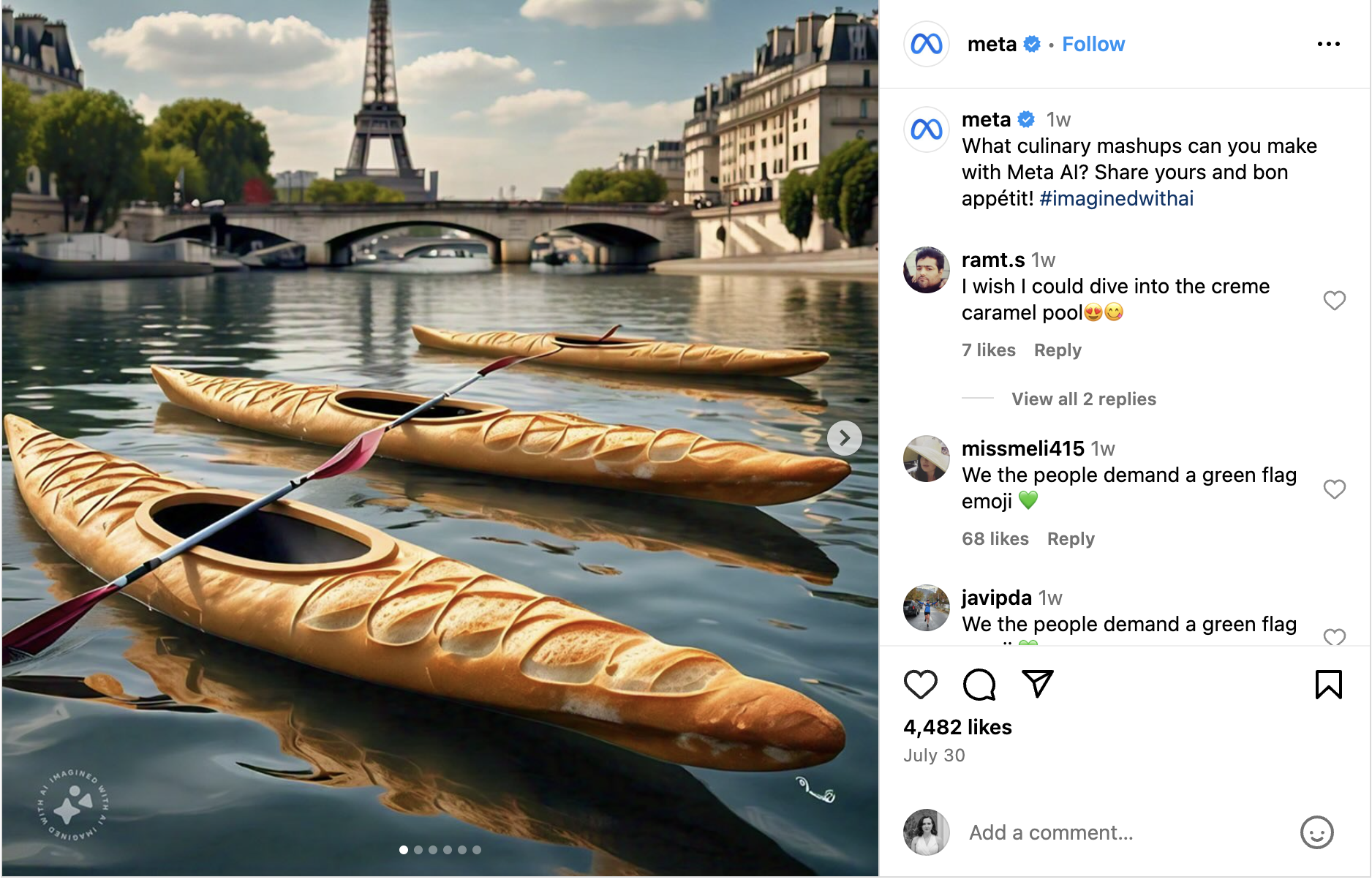 An Instagram image posted by Meta of AI-generated scenes interpreting food names as real scenes (like bread boats)