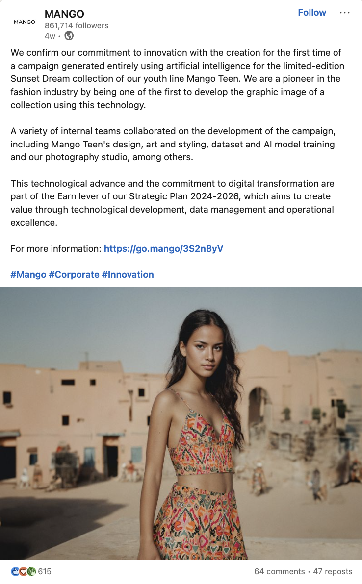 A LinkedIn post from MANGO that explains their entirely AI-generated campaign and a photo from the campaign