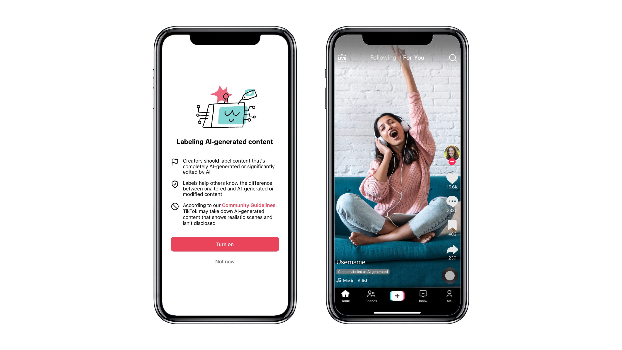 A screen explaining TikTok's AI content labelling guidance side-by-side with another screen showing a TikTok video with an AI disclaimer that reads 