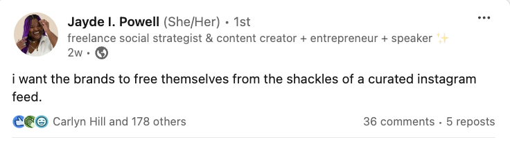A LinkedIn post from Jayde Powell that says 