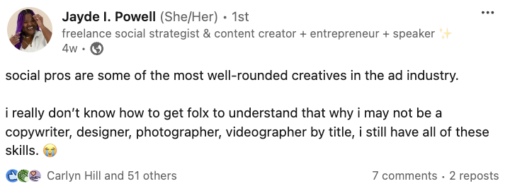 A LinkedIn post from Jayde Powell that says 