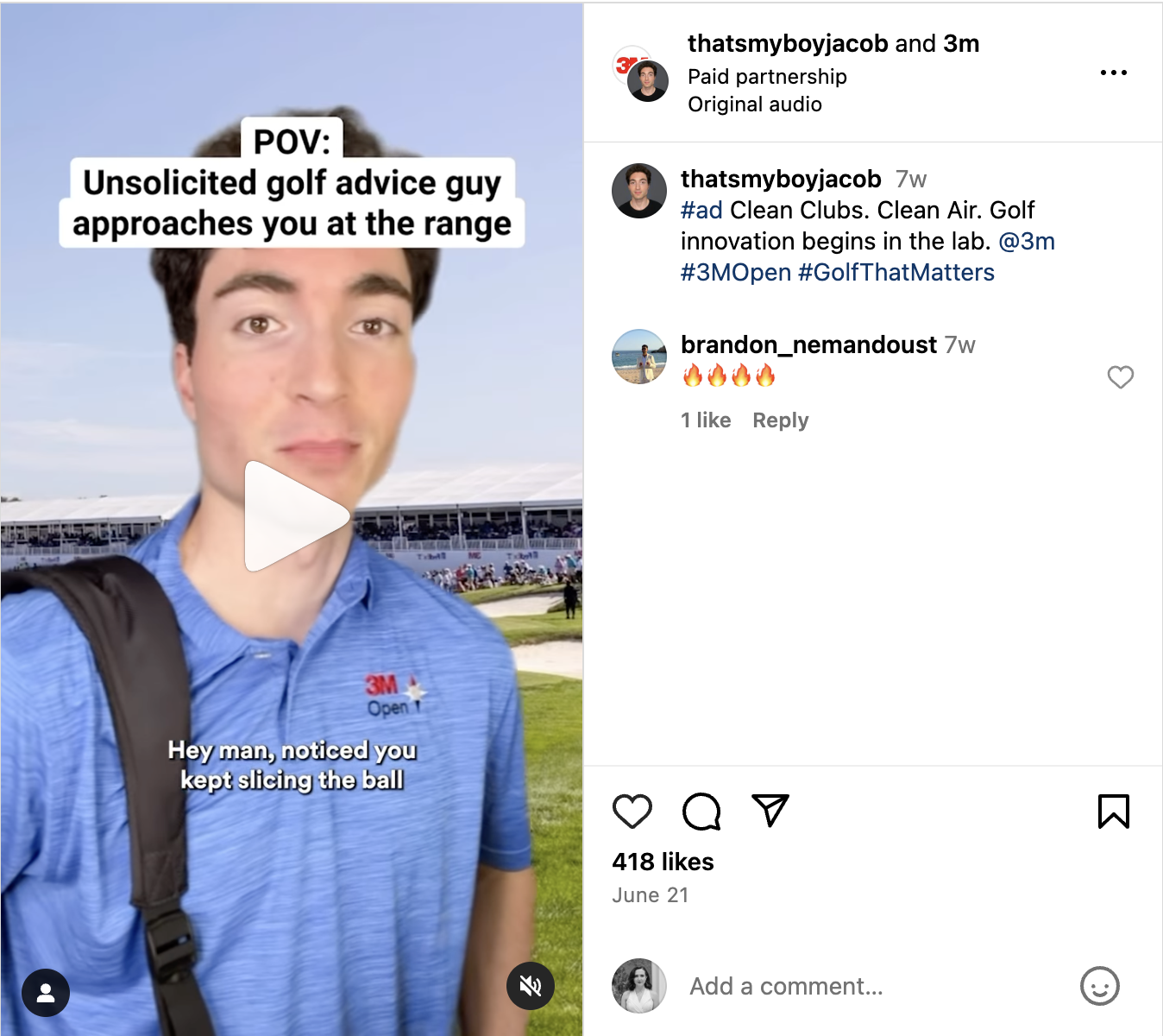 An Instagram Reel from Thats My Boy Jacob weaving 3M technology and products into a parody POV skit about golfers who give unsolicited advice.