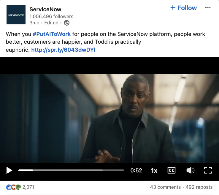 A LinkedIn post from ServiceNow that features actor Idris Elba explaining how their AI capabilities help teams work smarter.