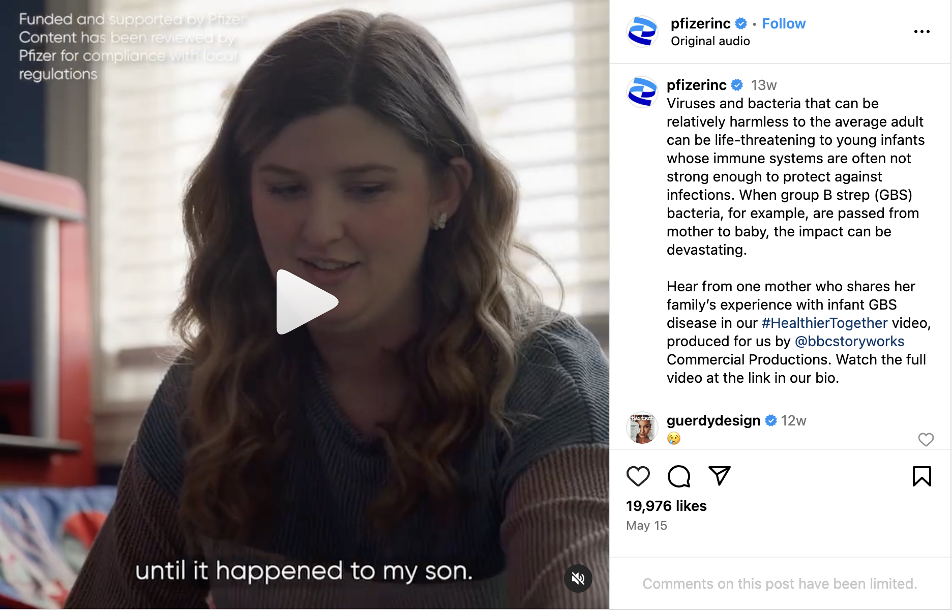 An Instagram Reel from Pfizer where a mother of a child who had GBS disease explains the impact on her family, and a researcher highlights how vaccines can prevent the disease in newborns.