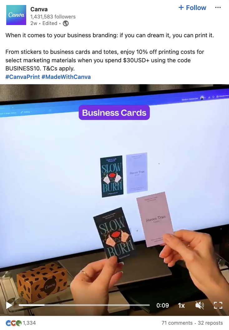 Canva's LinkedIn video where they appear to magically pull marketing materials out of their online design studio