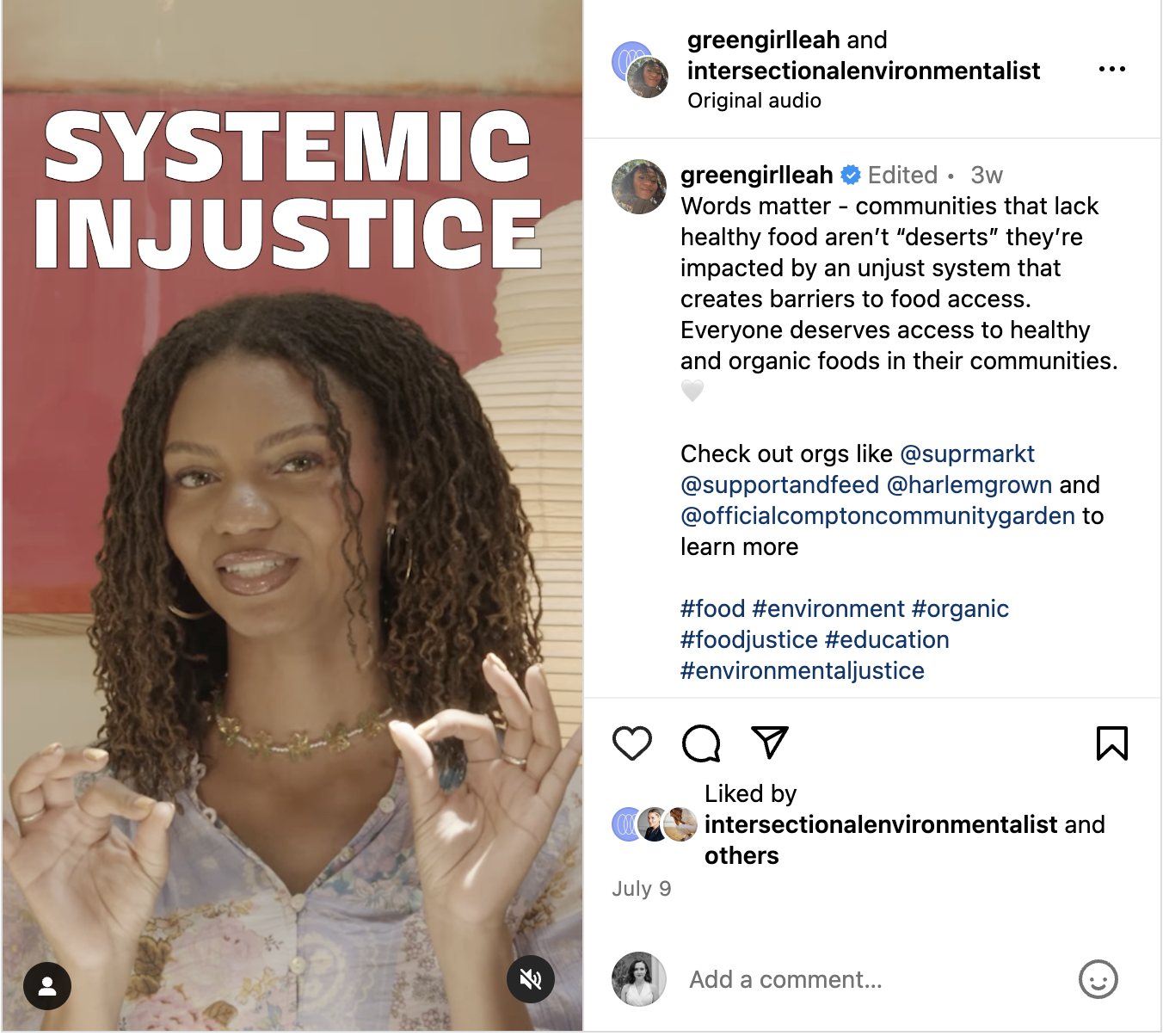 An Instagram Reel featuring Green Girl Leah explaining why 'food apartheid' (as opposed to 'food desert') is a more precise and impactful term.