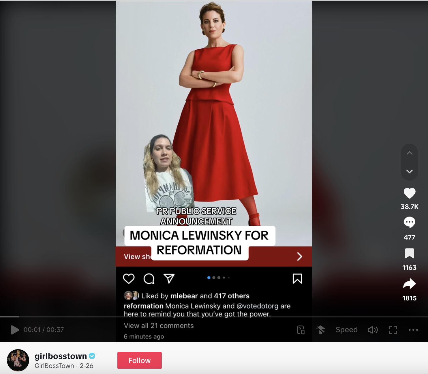 A TikTok of creator Girl Boss Town discussing the cultural significance of Reformation's Monica Lewinsky campaign