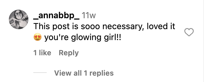 A comment on an influencer's post partnered with Topicals that reads, 'The post is so necessary, love it. You're glowing!'