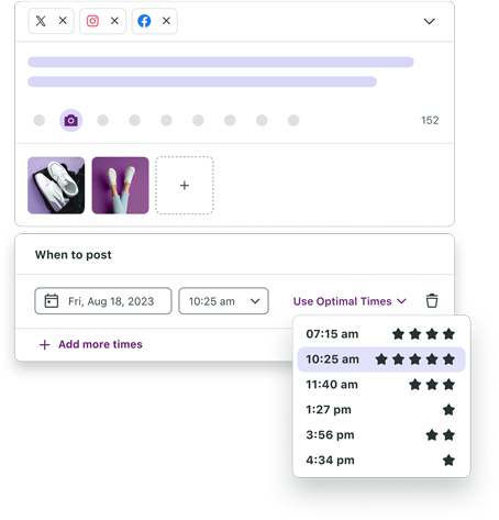 Screenshot of Sprout Social's Compose box with the dropdown for 'Use Optimal Times' selected, featuring several suggested times for scheduling posts to achieve maximum engagement.
