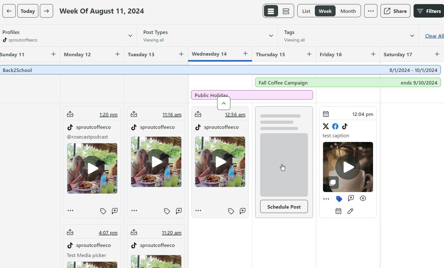 Sprout Social Calendar with TikTok content