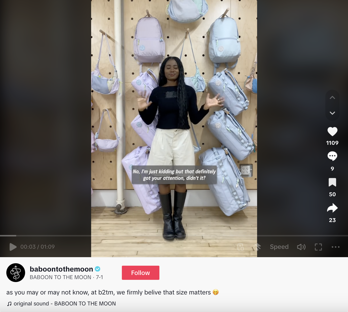 A TikTok video where Jess stands in front of Baboon to the Moon's iconic wall of bags, introducing the new collection
