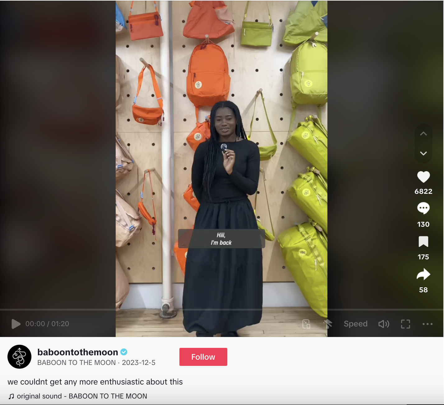 A TikTok video featuring Jess again in front of the bag wall—this time reflecting on comments suggesting she isn't enthusiastic enough.
