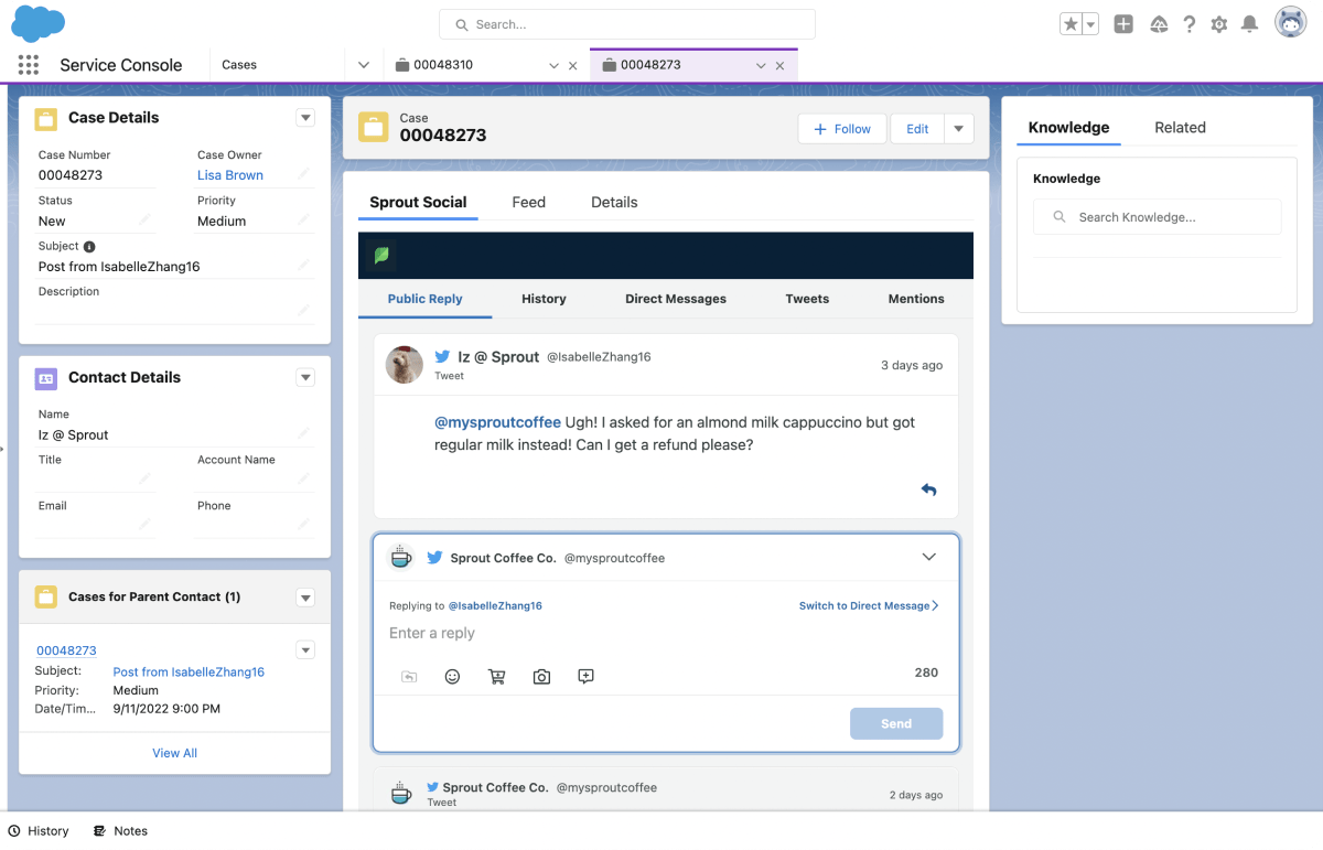 Social data from Sprout showcased within the Salesforce platform, illustrating how incoming social interactions can connect to existing contacts and cases.