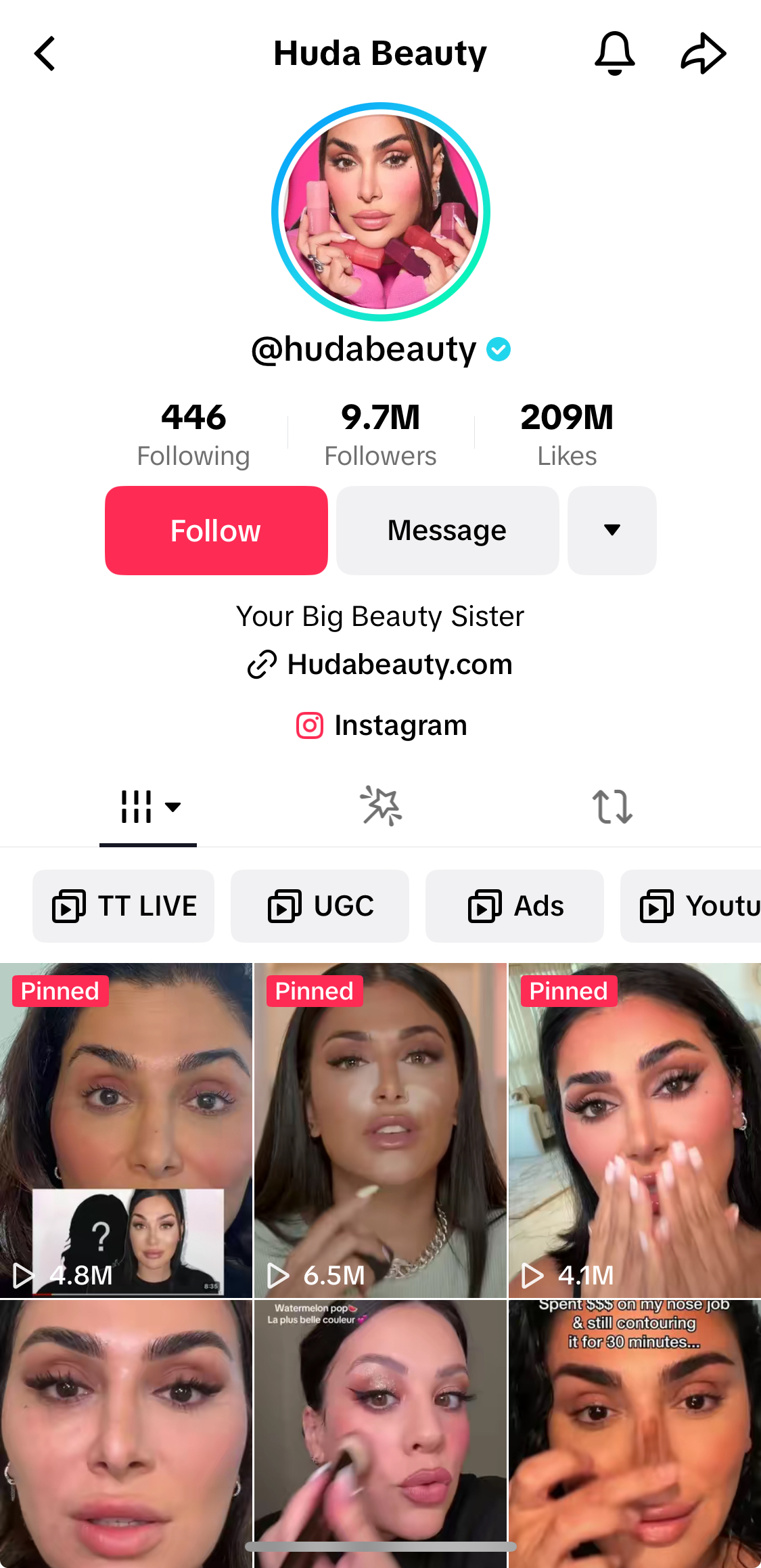 Huda Beauty's TikTok profile.