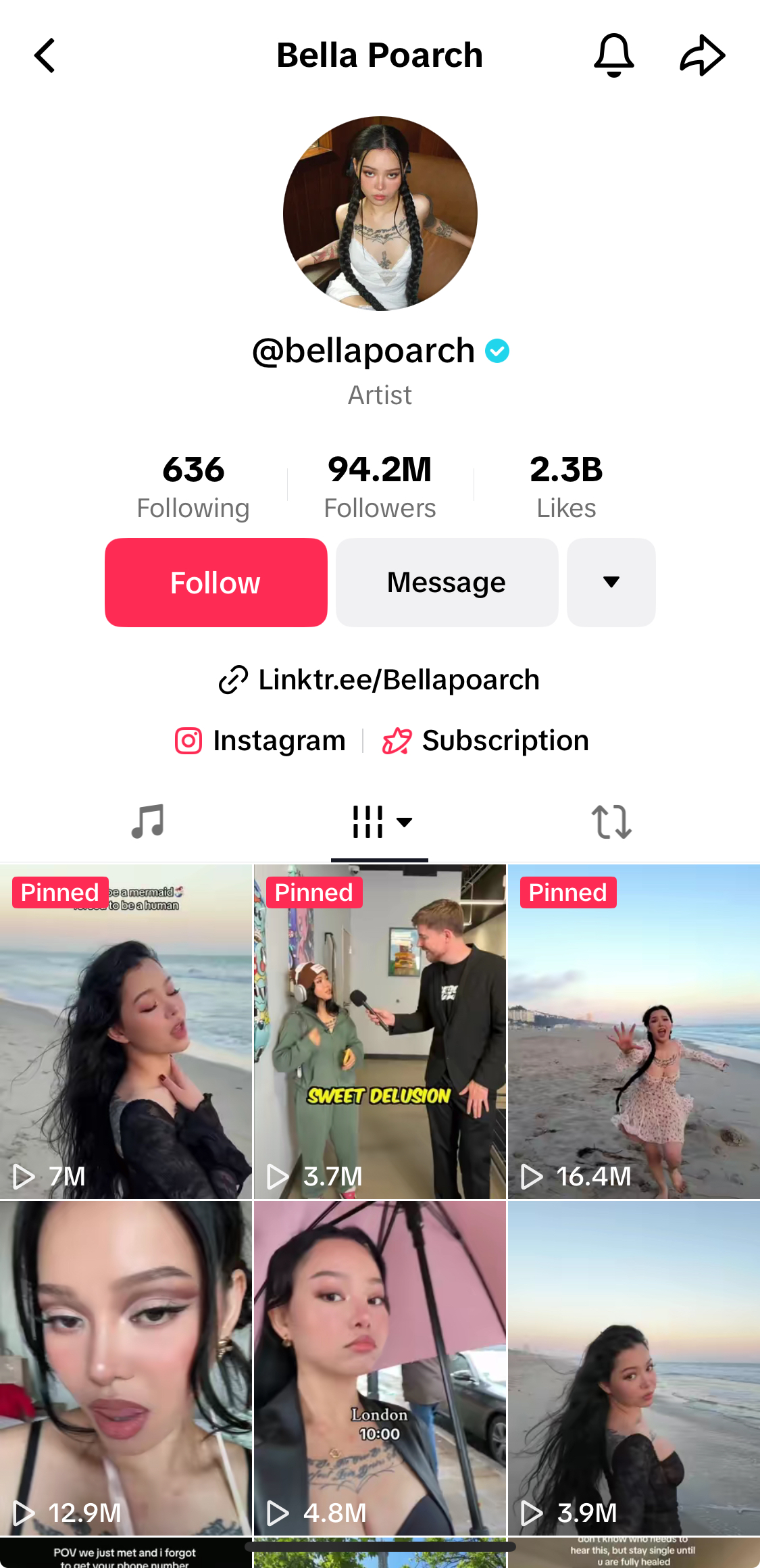 Bella Poarch's TikTok profile.