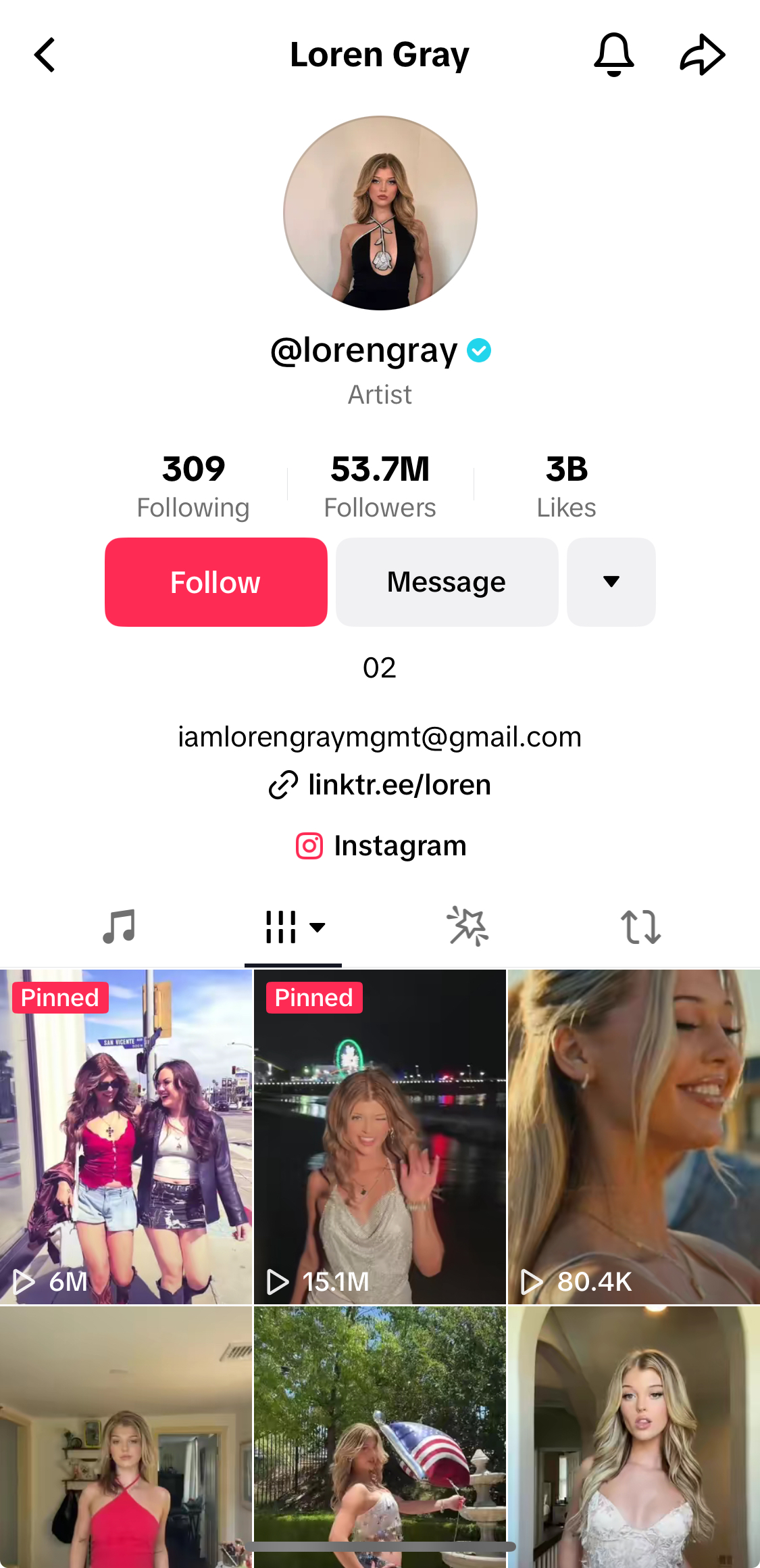 Loren Gray's TikTok profile.
